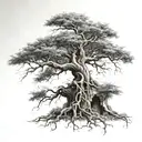 big normal tree with roots in underground, lion face in tree crown look at the right side tattoo design idea