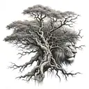 big normal tree with roots in underground, lion face in tree crown look at the right side tattoo design idea