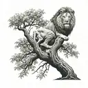 big tree with lion face in optical illusion, little boy is sitting on branch tattoo design idea