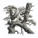 big tree with lion face in optical illusion, little boy is sitting on branch tattoo design idea