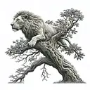 big tree with lion face in optical illusion, little boy is sitting on branch tattoo design idea