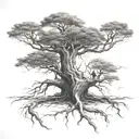 big normal tree with roots growing and little boy sitting on branch tattoo design idea