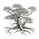 big normal tree with roots growing and little boy sitting on branch tattoo design idea