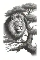 a young lion sitting on a big tree with big treecrown in optical illusion tattoo design idea