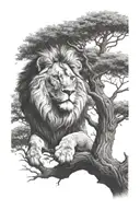 a young lion sitting on a big tree with big treecrown in optical illusion tattoo design idea