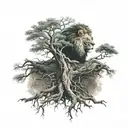 big normal tree with roots in underground, and a lion's face look at the right side in tree crown tattoo design idea