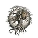 big normal tree with roots in underground, and a lion's face look at the right side in tree crown tattoo design idea