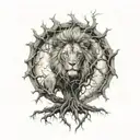 big normal tree with roots in underground, and a lion's face look at the right side in tree crown tattoo design idea