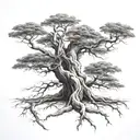 big normal tree with roots growing and boy sitting on branch tattoo design idea