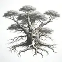 big normal tree with roots growing and boy sitting on branch tattoo design idea