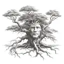 big normal tree with roots growing and boy sitting on branch tattoo design idea