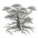 big normal tree with roots growing and boy sitting on branch tattoo design idea