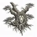 big normal tree with roots in underground, lion face in tree crown look at the right side tattoo design idea