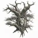 big normal tree with roots in underground, lion face in tree crown look at the right side tattoo design idea