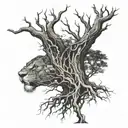 big normal tree with roots in underground, lion face in tree crown look at the right side tattoo design idea