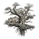 big normal tree with roots in underground, lion face in tree crown look at the right side tattoo design idea