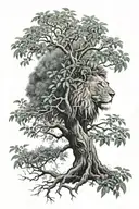 big tree with trunk and inside lion face look to the right side profile, the lion in big tree leaves  tattoo design idea