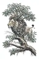 big tree with trunk and inside lion face look to the right side profile, the lion in big tree leaves  tattoo design idea