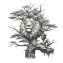 big tree with a human boy sitting on the branch and half face of a lion in the tree crown tattoo design idea