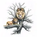 big tree with a human boy sitting on the branch and half face of a lion in the tree crown tattoo design idea