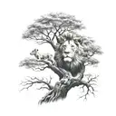big tree with a human boy sitting on the branch and half face of a lion in the tree crown tattoo design idea