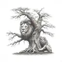 big tree with a human boy sitting on the branch and half face of a lion in the tree crown tattoo design idea