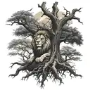 big normal tree with roots in underground, and a lion head in the treecrown look to the right side tattoo design idea