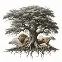 big normal tree with roots in underground, and a lion head in the treecrown look to the right side tattoo design idea