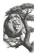 a young lion sitting on a big tree with big treecrown in optical illusion tattoo design idea