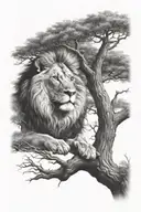 a young lion sitting on a big tree with big treecrown in optical illusion tattoo design idea