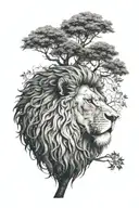 big tree with trunk and inside lion face look to the right side profile, the lion in big tree leaves  tattoo design idea