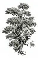 big tree with trunk and inside lion face look to the right side profile, the lion in big tree leaves  tattoo design idea