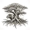 big normal tree with roots in underground, and a lion head in the treecrown look to the right side tattoo design idea