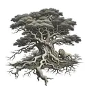 big normal tree with roots in underground, and a lion head in the treecrown look to the right side tattoo design idea