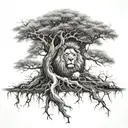 big normal tree with roots in underground, and a lion head in the treecrown look to the right side tattoo design idea