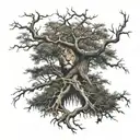 big normal tree with roots in underground, and a lion head in the treecrown look to the right side tattoo design idea