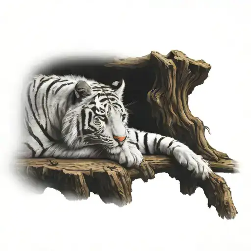 white tiger resting on a log tattoo design idea