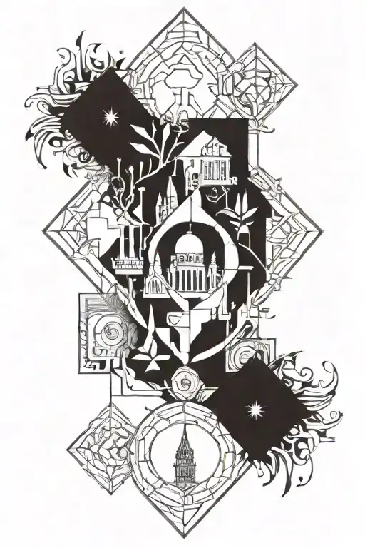 4 member family, Arch building   tattoo design idea