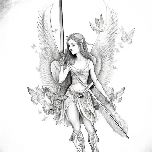 angel  holding a sword with butterflies  a cancer ribbon and feathers tattoo design idea