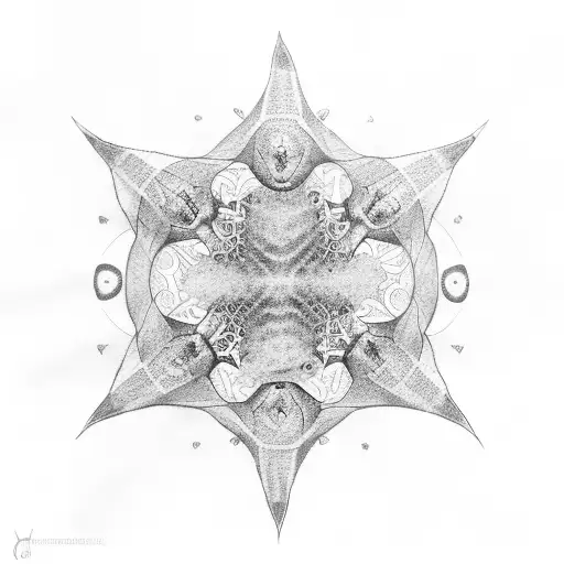 A dotwork design of a school of hammerhead sharks swimming in a spiral formation tattoo design idea