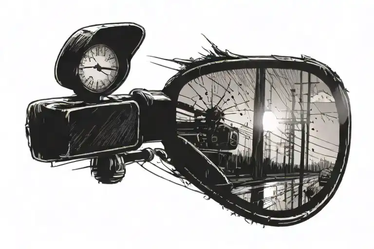 windshield with rain and sun in the distance, and a rearview mirror with a nuclear explosion  tattoo design idea