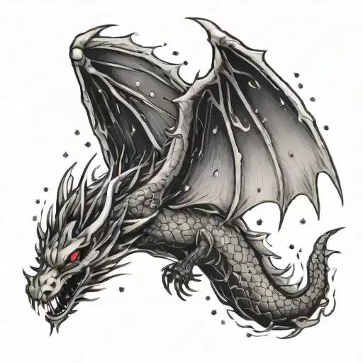 A traditional style tattoo of a dragon flying through a starry sky with sakura petals falling around it tattoo design idea