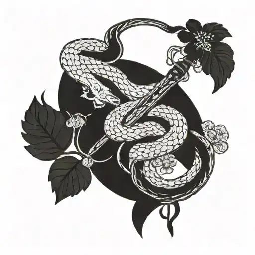 A graceful snake intertwined with cherry blossoms (Сакура) and a katana (Катана) tattoo design idea