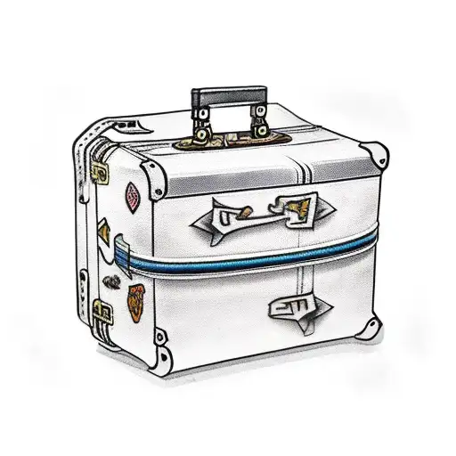 A traditional-style tattoo of a vintage suitcase with Harry Potter-themed travel stickers tattoo design idea
