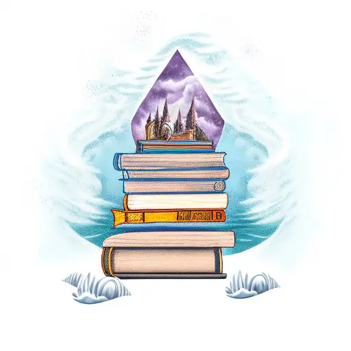 A magical bookshelf filled with Harry Potter books, surrounded by waves crashing on a beach tattoo design idea