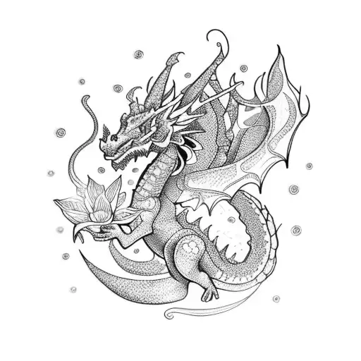 A dotwork tattoo showcasing a mystical dragon intertwined with vibrant flowers inspired by plastic arts tattoo design idea