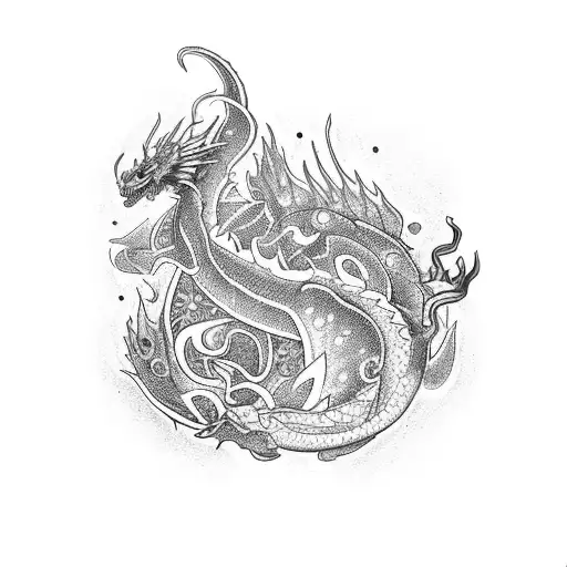 A dotwork tattoo showcasing a mystical dragon intertwined with vibrant flowers inspired by plastic arts tattoo design idea
