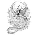 A dotwork tattoo showcasing a mystical dragon intertwined with vibrant flowers inspired by plastic arts tattoo design idea
