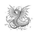 A dotwork tattoo showcasing a mystical dragon intertwined with vibrant flowers inspired by plastic arts tattoo design idea