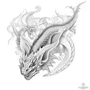 A dotwork tattoo showcasing a mystical dragon intertwined with vibrant flowers inspired by plastic arts tattoo design idea